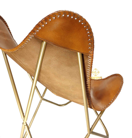 PARRYS LEATHER WORLD – Indian Handmade Leather Butterfly Chair – Golden Powder Coated Frame Leather Comfortable Chair – Living Room Relaxing Chair – Iron Leg Furniture Chair