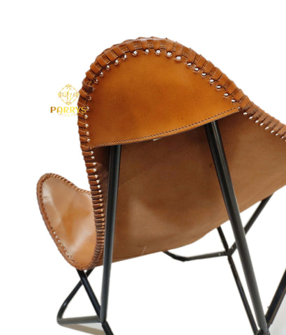 PARRYS LEATHER WORLD - Brown Leather Butterfly Chair – Handmade Genuine Leather Living Room Relaxing Chair – Indoor/Outdoor Comfortable Chair – Openable Iron Frame Lounge Chair