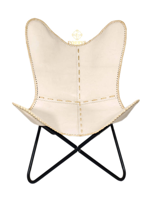 PARRYS LEATHER WORLD - Butterfly Chair - White Leather Butterfly Chair For Office And Home – Handmade  Relaxing Chair - Indian Goat Leather Living Room Chair - Iron Openable Frame Leather Chair