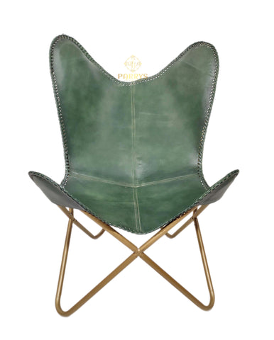 PARRYS LEATHER WORLD - Butterfly Chair - Indian Handmade Green Leather Butterfly Chair For Home And Office - Openable Chair - Leather Living Room Chair - Relaxing Chair
