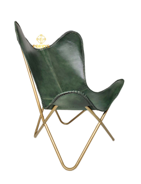 PARRYS LEATHER WORLD - Butterfly Chair - Indian Handmade Green Leather Butterfly Chair For Home And Office - Openable Chair - Leather Living Room Chair - Relaxing Chair