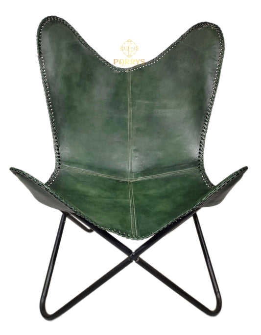 PARRYS LEATHER WORLD - Butterfly Chair - Genuine Green Leather Butterfly Chair - Handmade Iron Stand Openable Chair - Office Chair - Living Room Chair - Comfortable Arm Chair