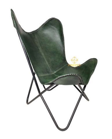 PARRYS LEATHER WORLD - Butterfly Chair - Genuine Green Leather Butterfly Chair - Handmade Iron Stand Openable Chair - Office Chair - Living Room Chair - Comfortable Arm Chair