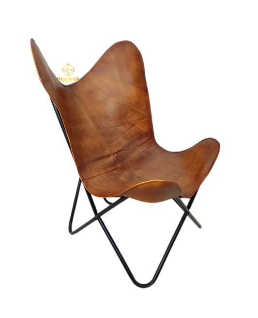 PARRYS LEATHER WORLD - Butterfly Chair - Indian Genuine Brown Leather Butterfly Chair – Iron Frame Openable Chair For Office And Home Handmade Living Room Chair