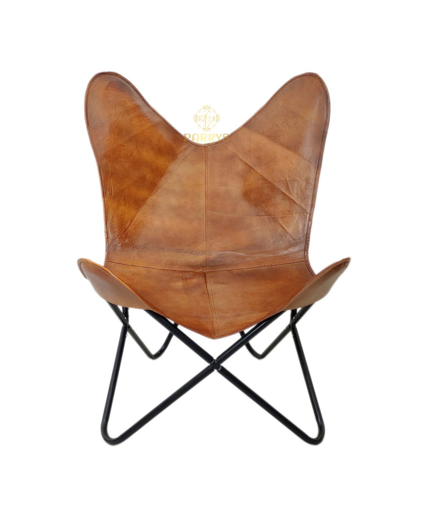 PARRYS LEATHER WORLD - Butterfly Chair - Indian Genuine Brown Leather Butterfly Chair – Iron Frame Openable Chair For Office And Home Handmade Living Room Chair