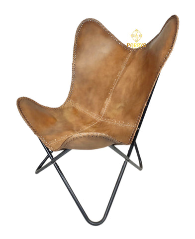PARRYS LEATHER WORLD - Butterfly Chair - Indian Handmade Leather Iron Openable Stand Chair – Office Chair – Comfortable Chair - Leather Butterfly Chair - Relaxing Chair - Living Room Chair