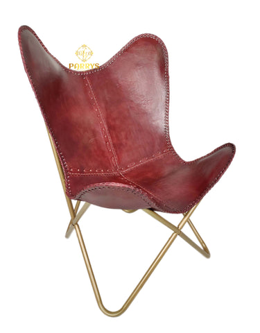 PARRYS LEATHER WORLD - Butterfly Chair - Iron Frame Leather Office Chair - Genuine Leather Butterfly Chair For Home And Office –Living Room Chair - Indian Handmade Cherry Color Leather Chair