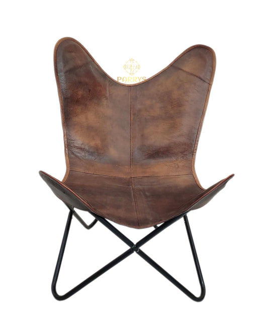 PARRYS LEATHER WORLD - Butterfly Chair - Indian Handmade Brown Leather Butterfly Chair For Home And Office Iron Stand Leather Office Chair – Comfortable Chair