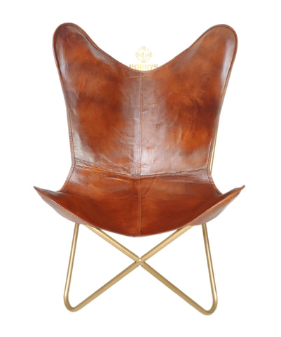 PARRYS LEATHER WORLD - Butterfly Chair - Brown Leather Living Room Chair – Iron Stand Leather Butterfly Chair – Indoor / Outdoor Comfortable Arm Chair – Handmade Leather Relaxing Chair