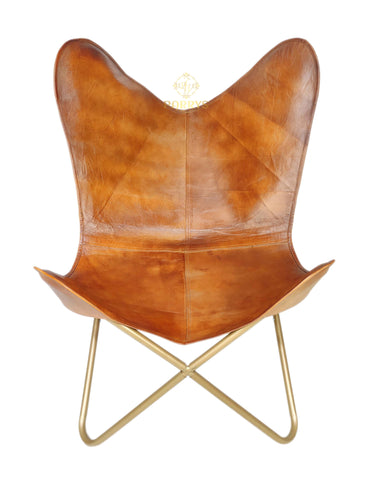 PARRYS LEATHER WORLD - Butterfly Chair - Brown Leather Comfortable Chair - Home and Office Relaxing Leather Butterfly Chair – Powder Coated Iron Openable Frame Lounge Chair – Leather Arm Chair