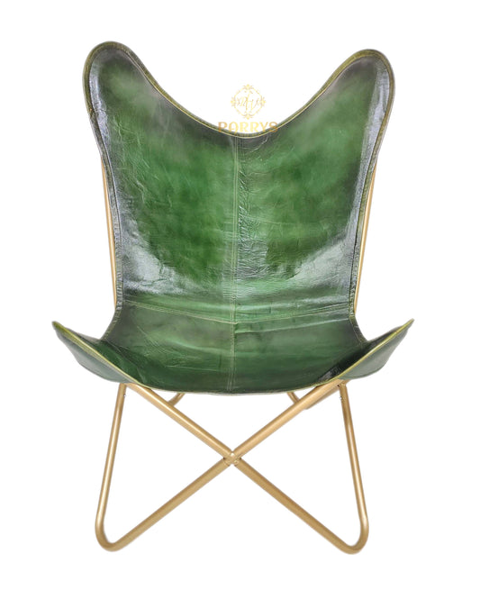 PARRYS LEATHER WORLD - Butterfly Chair - Original Green Color Leather Butterfly Chair - Handmade Home & Living Room Decor Chair - Comfortable Recliner Office Chair - Iron Stand Leather Chair