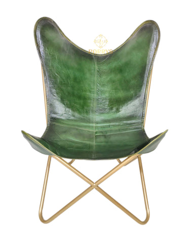 PARRYS LEATHER WORLD - Butterfly Chair - Original Green Color Leather Butterfly Chair - Handmade Home & Living Room Decor Chair - Comfortable Recliner Office Chair - Iron Stand Leather Chair