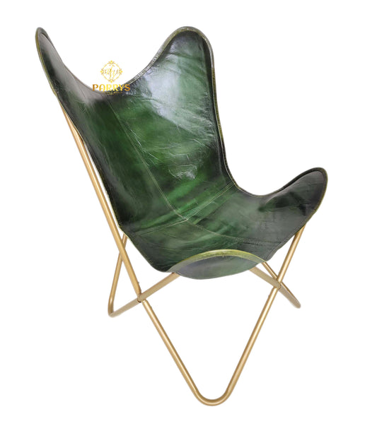 PARRYS LEATHER WORLD - Butterfly Chair - Original Green Color Leather Butterfly Chair - Handmade Home & Living Room Decor Chair - Comfortable Recliner Office Chair - Iron Stand Leather Chair