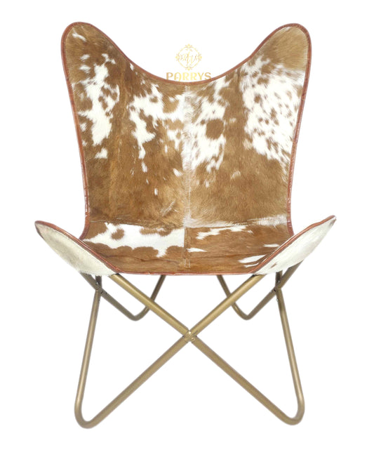 PARRYS LEATHER WORLD - Butterfly Chair - Indian Handmade Butterfly Chair - Brown & White Goat Hair Leather Arm Chair – Openable Relaxing Chair – Comfortable Chair For Home & Office With Iron Stand