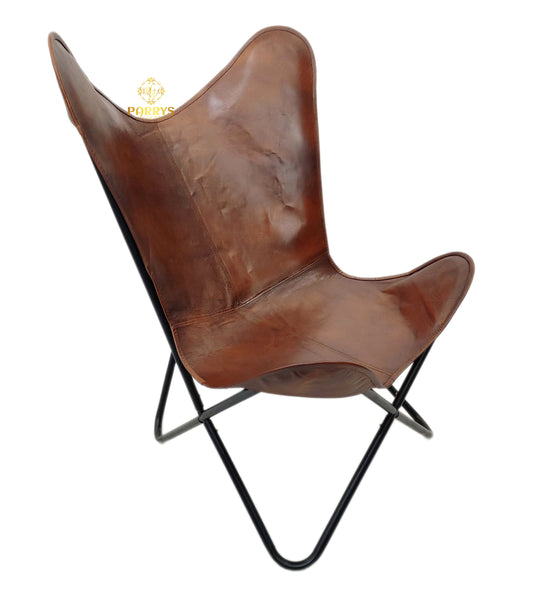 PARRYS LEATHER WORLD - Butterfly Chair - Genuine Brown Leather Butterfly Chair For Home And Office, Indian Handmade Leather Openable Chair – Comfortable Chair