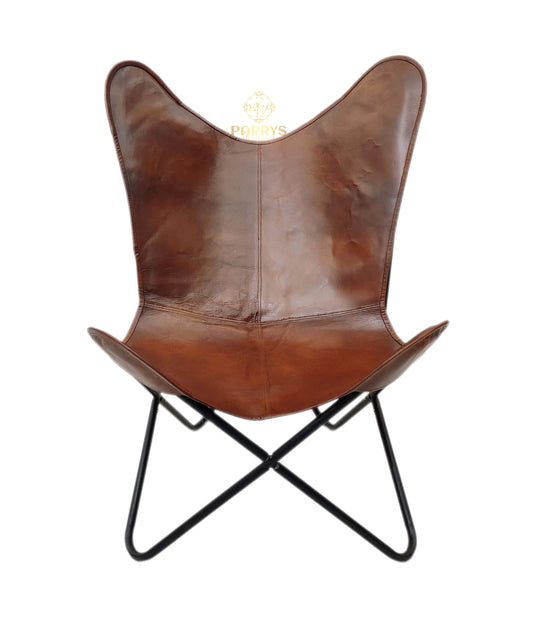 PARRYS LEATHER WORLD - Butterfly Chair - Genuine Brown Leather Butterfly Chair For Home And Office, Indian Handmade Leather Openable Chair – Comfortable Chair