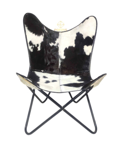 PARRYS LEATHER WORLD - Butterfly Chair – Openable Iron Frame Leather Office Chair – Handmade Black & White Goat Hair Leather Butterfly Chair – Home & Café Relaxing Chair - Comfortable Arm Chair