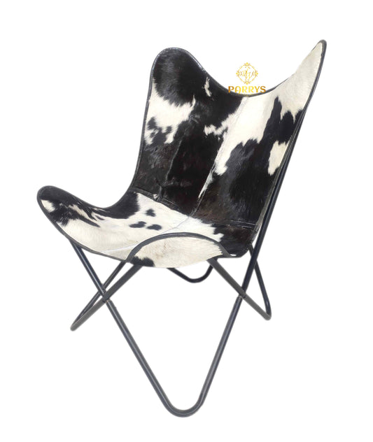 PARRYS LEATHER WORLD - Butterfly Chair – Openable Iron Frame Leather Office Chair – Handmade Black & White Goat Hair Leather Butterfly Chair – Home & Café Relaxing Chair - Comfortable Arm Chair