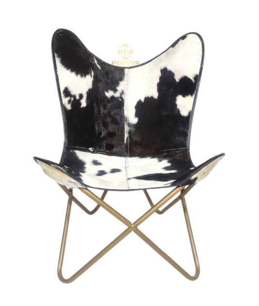 PARRYS LEATHER WORLD - Butterfly Chair - Goat Hair Leather Relaxing Chair - Leather Home & Living Room Chair – Black & White Leather Butterfly Chair – Office Chair – Leather Indoor / Outdoor Decor Chair