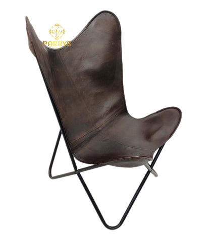 PARRYS LEATHER WORLD - Butterfly Chair - Handmade Brown Leather Butterfly Chair For Home And Office Indian Genuine Iron Stand Openable Chair – Living Room Chair
