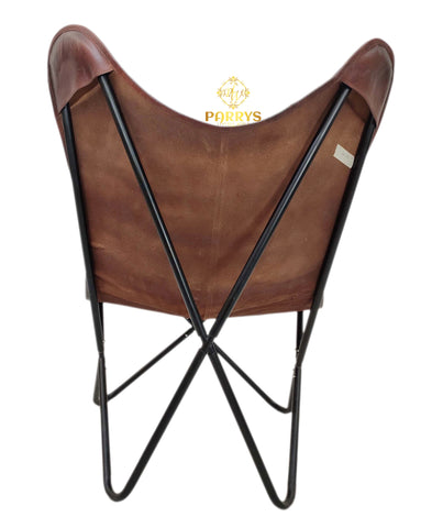 PARRYS LEATHER WORLD - Butterfly Chair - Indian Handmade Brown Leather Butterfly Chair For Home And Office, Iron Frame Openable Chair- Living Room Chair- Relaxing Chair