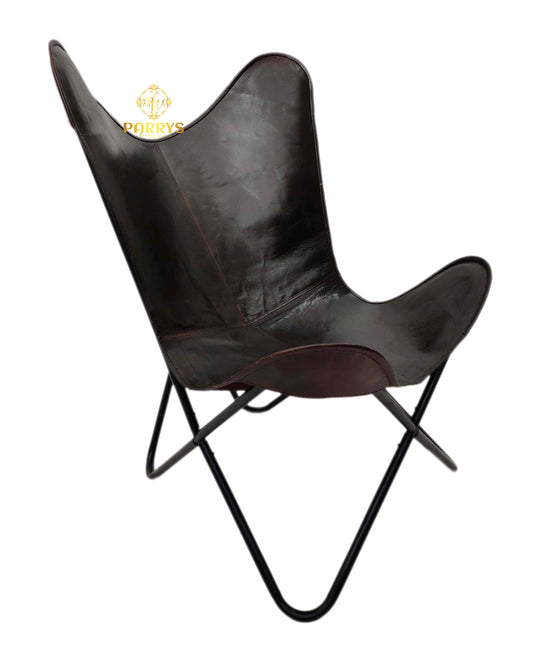 PARRYS LEATHER WORLD - Butterfly Chair - Indian Handmade Brown Leather Butterfly Chair For Home And Office, Iron Frame Openable Chair- Living Room Chair- Relaxing Chair