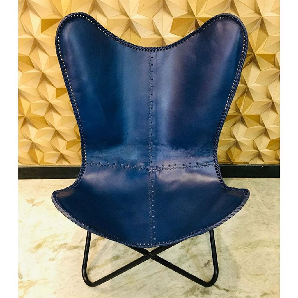Parrys Leather World Vintage Leather Butterfly Salu Chair | Leather Handmade Chair for Lounge Accent Outdoor and Indoor Home Décor, Relax Arm Chairs (Blue Fold-able Stand)