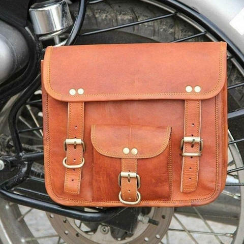 Parrys Leather World Motorcycle Vintage Goat Leather 2 Saddle Bags Panniers Multi Pocket Bag Handmade