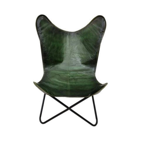 Parrys Leather World Vintage Leather Butterfly Chair with Footstool Folding Modern Sling Loung Accent | Home Décor | Classic Handmade Chair (Fold-able Stand with Foot Stool) Green