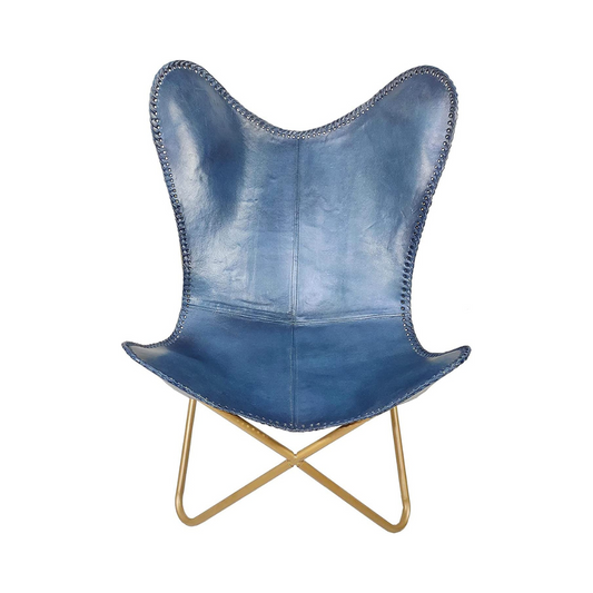 Parrys Leather World Vintage Leather Butterfly Chair with Footstool Folding Modern Sling Loung Accent | Home Décor | Classic Handmade Chair (Fold-able Stand with Foot Stool) Blue