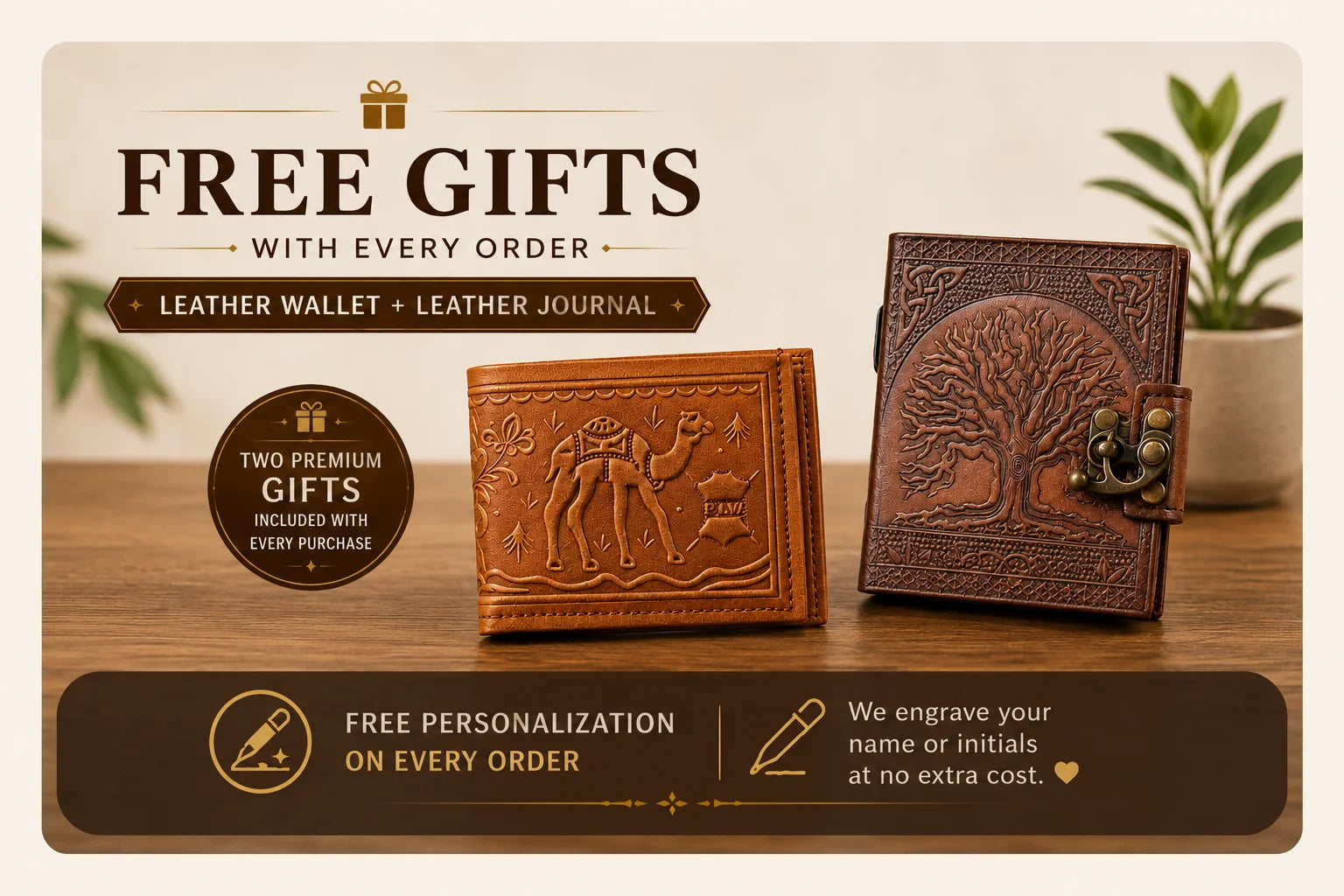 Free Gifts with Every Order - Leather Wallet + Leather Journal, Free Personalization